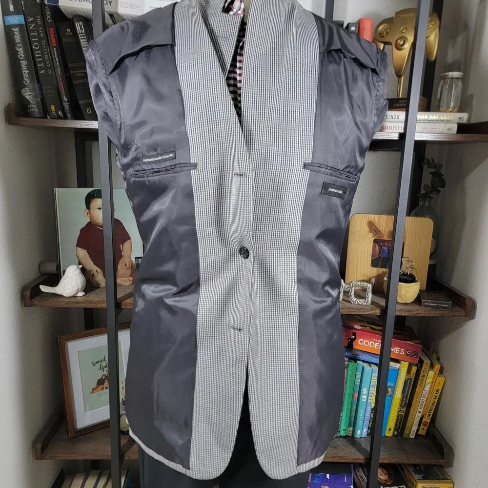 Jones New York Men's Sport Coat Three Button Gray Houndstooth Silk Wool Size 40L